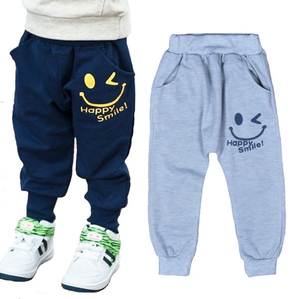 Retail Baby Boys Smile Pants 2016 Cartoon Children Harem Pants Letter Printing Girls Sport Trousers Unique Smiling Kids Clothing Gray Navy