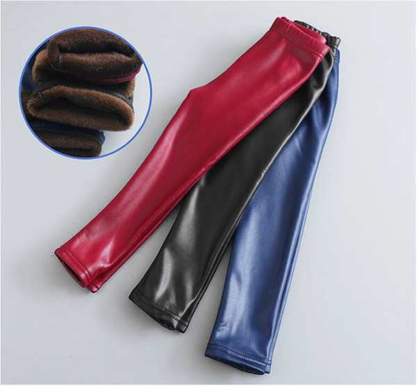 2018 Baby Girls Leggings Winter Kids Thick Velvet Leggings Pencil Pants Children Warm Trousers Faux PU Leather Legging Slim Pant