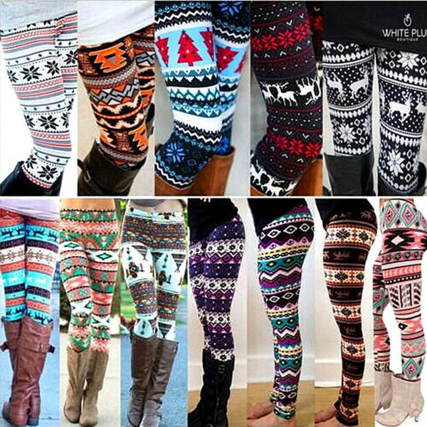 Winter Christmas Snowflake Knitted Leggings Xmas Warm Stockings Pants Stretch Tights Women Bootcut Stretchy Pants OOA3442