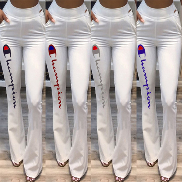 Women Champions Flare Pants Elastic High Waist Bell-bottom Trousers Wide Leg Long Slim Bell Bottom Pants Casual Sports Flared Pant New C441