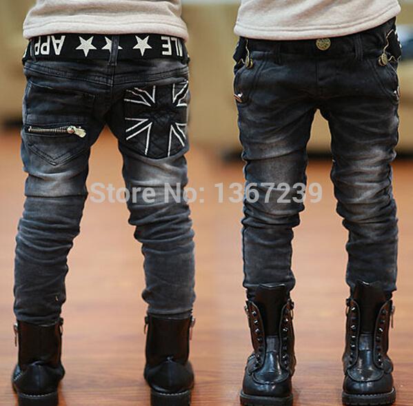 Wholesale- boys jeans spring winter children casual letters belt zipper pocket with fleece thick jeans pants trousers 4-14 years old