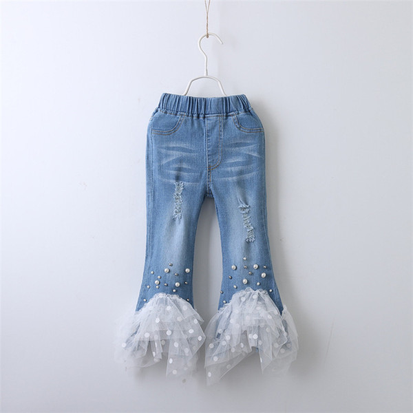 Fashion Summer Kids Girls Denim Jeans pearl lace hole Leggings Jeans Long Trousers children designer clothes denim pants