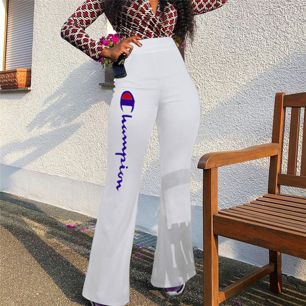 Women Champions Flare Pants Elastic High Waist Bell-bottom Trousers Wide Leg Long Slim Bell Bottom Pants Casual Sport Party Bar Pant C441