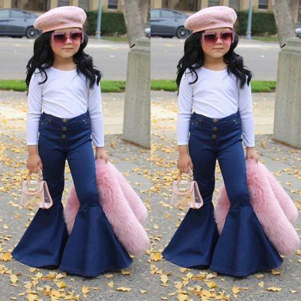 New Toddler Baby Girl Blue Jeans Buttons Skinny Flared Jeans Kids Stretchy Denim Bell-Bottoms Long Trousers Baby Casual Clothing