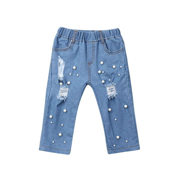 Fashion Kids Pearls Ripped Trousers Children's Girls Elastic Waist Blue Hole Jeans Pants Child Denim Straight Long Pants