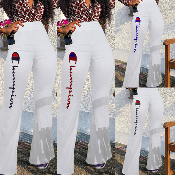 Women Champions Flare Pants Elastic High Waist Bell-bottom Trousers Wide Leg Long Slim Bell Bottom Pants Casual Sports Flared Pant sale C441