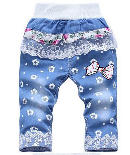 Wholesale-kids jeans fantasia infantil Girls lace bow pattern five minutes of pants summer denim breeches designer kz77