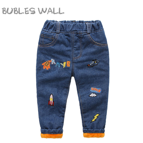 Kids Embroidery Fleece Jeans for Boys Girls Autumn Pants Elastic Waist Children Clothing Baby Kids Denim Pants Warm Trousers