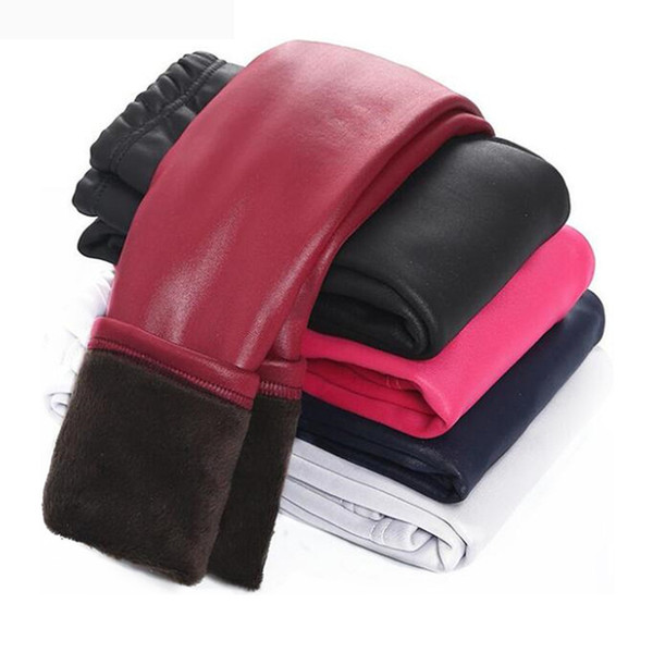 2019 Baby Girls Leggings Winter Kids Thick Velvet Leggings Pencil Pants Children Warm Trousers Faux PU Leather Legging Slim Pant