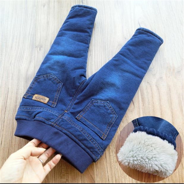 Baby plus velvet knitted cotton jeans 2019 winter clothes small boys thick pants children wild feet trousers blue black 18-4t