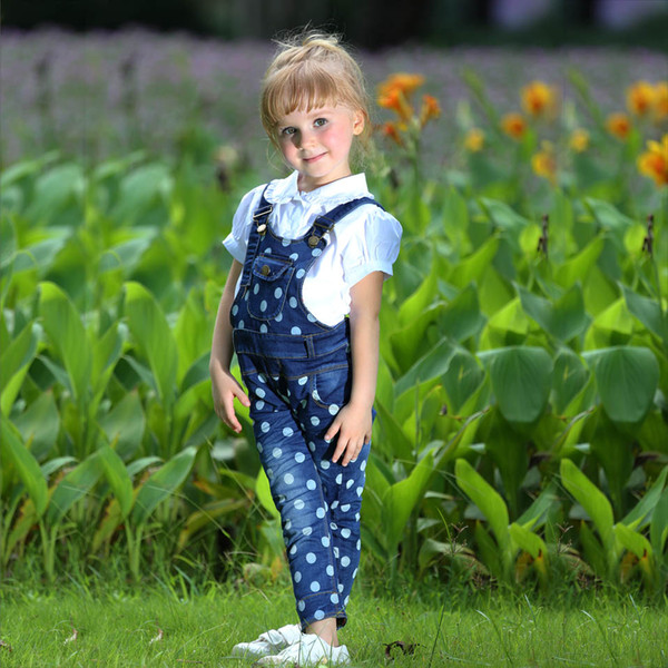 Hot Sale Retail Cotton Dot Girls Overalls Cute Denim Children Pants Fancy Kids Clothes For Selling SP80922-03