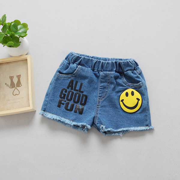 children summer denim shorts kids jeans with emoji smile baby girl hot pants wash blue girl's fashion trousers