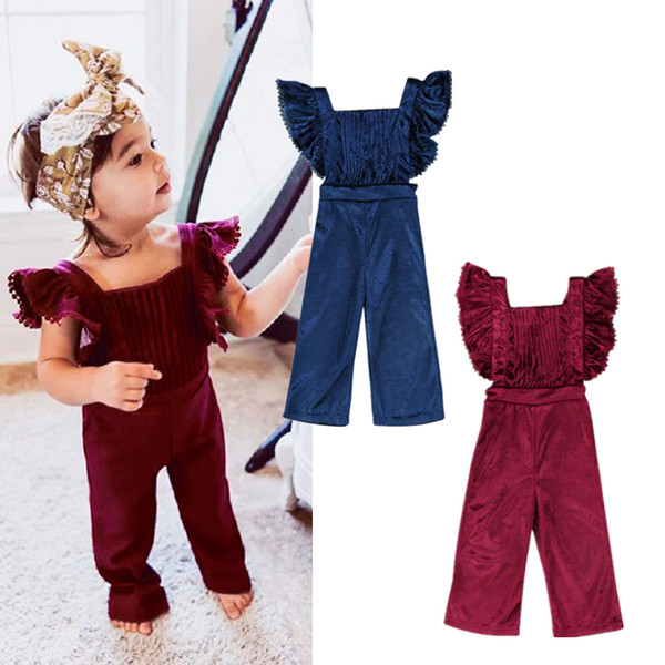 Fashion Kid Baby Girls Clothes Flying Sleeves Ruffles Backless Velvet Overalls Romper Jumpsuit Playsuit BibPants Toddler Outfits Set