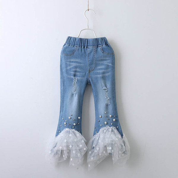 Fashion Spring 2019 new Denim Girls Jeans pearl lace Kids Jeans hole Leggings Jeans Girls Trouser kids designer clothes girls Clothes A2943