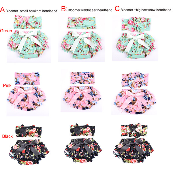 Wholesale Knit Cotton Floral Baby Girls Bloomer Set Green Ruffle Newborn Diaper Cover matching Headband Set 2pcs Baby Shorties