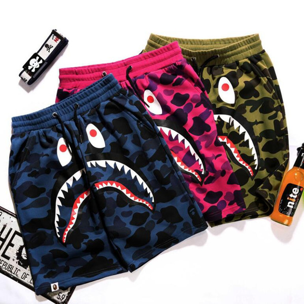 Men Camo Shark Shorts 3 Colors Summer Beach Bathing Suit Camouflage Shark Printed Fifth Pants LJJO6639