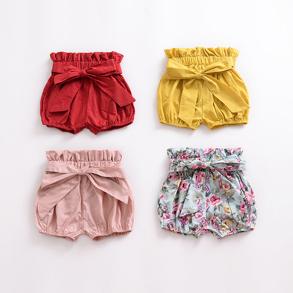 Children Shorts Girl Bow Wooden Ear Lantern Shorts Mid Waist Rubber Belt Flower Solid Color Children Shorts 45