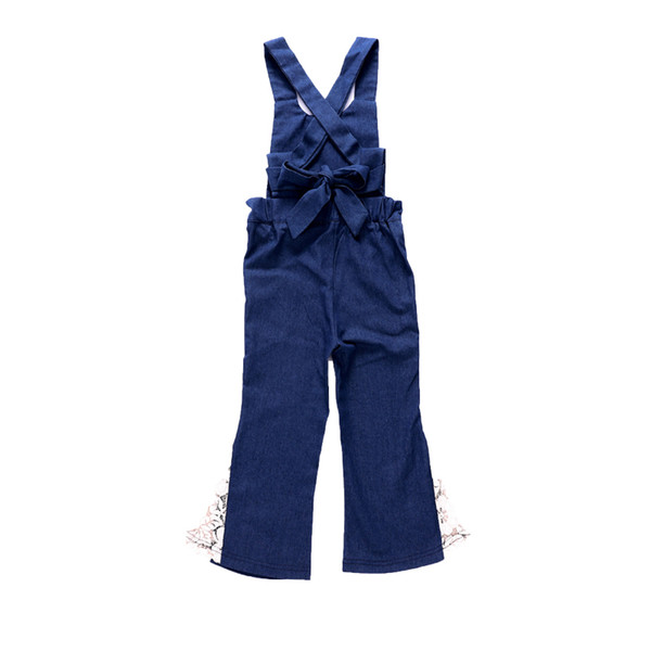 Girl Bib Pants Cowboy Jumpsuit Side Seam Lace Loose Trousers Sleeveless Bow Bib Short Solid Color 15