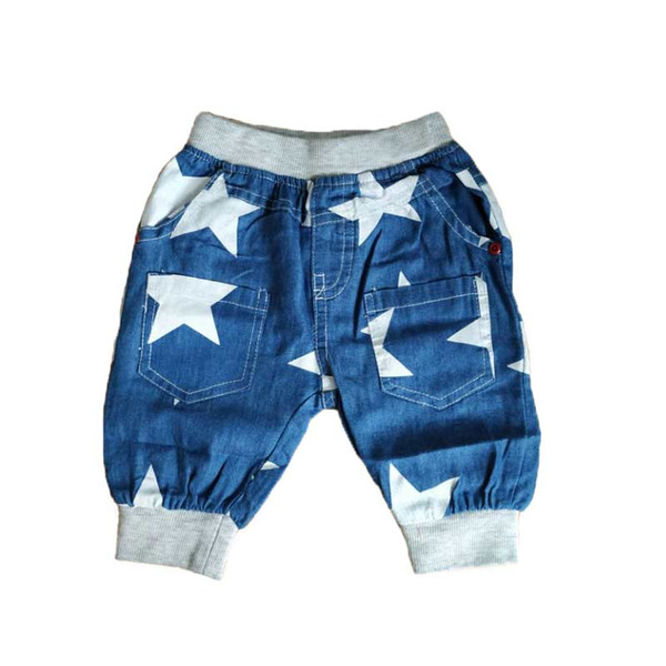 Children Elastic Waist Harem Pants Knee Length Cotton Star Print Denim Pant Blue Boys Clothing Kids Pants Summer Boys 2018