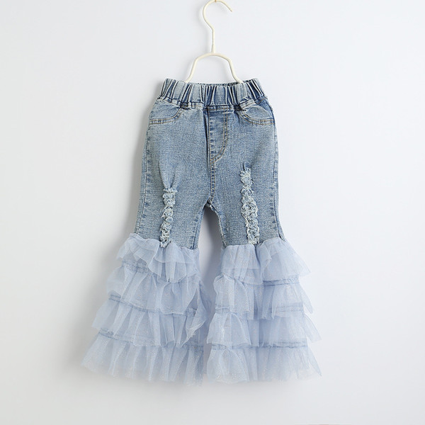 New Spring Summer Baby Girls Jeans Kids Lace Tulle Patchwork Denim Pants Children Casual Flared Jeans Trousers 4791