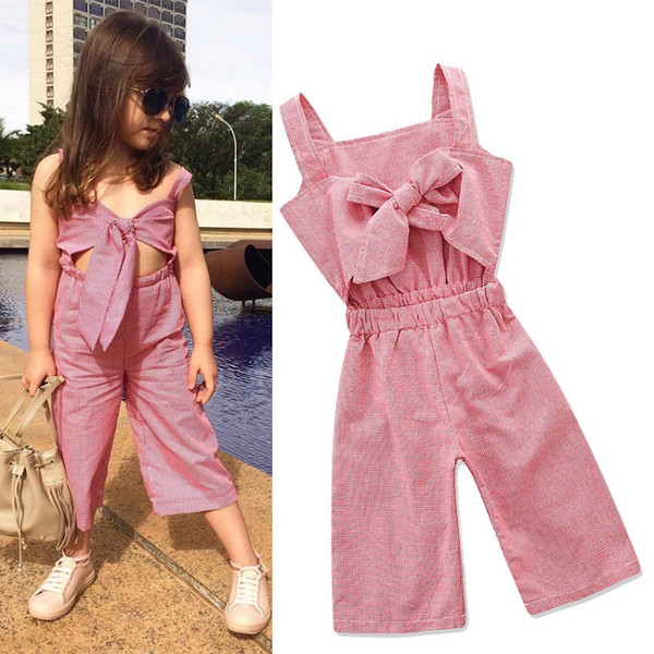 Vieeoease Girls Overalls INS Plaid Kids Clothing 2018 Summer Fashion Sleeveless Vest Bow Stripe Jumpsuits EE-471