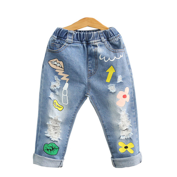 New design baby girls denim pants lips wash blue Tassels rags children fashion pant kids spring autumn long trousers cowboy pants dc265