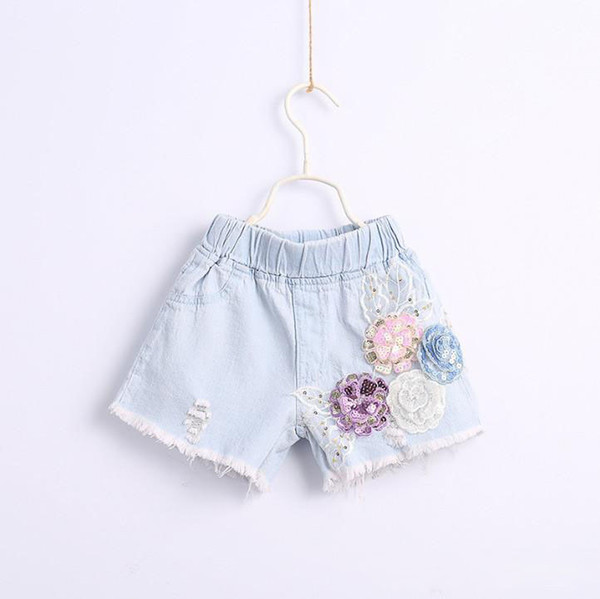 Girls stereo sequins flowers embroidery denim shorts fashion kids hole tassel jean shorts children double pocket elastic cowboy shorts