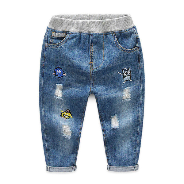 quality spring boys jeans pants kids fashion hole cartoon trousers jeans pants casual elastic waist trousers denim pants