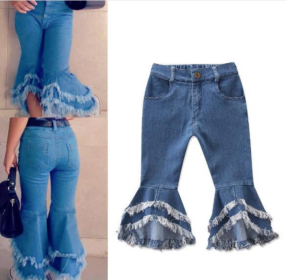 2019 new children's clothing explosion models girls bell pants fashion fringed jeans