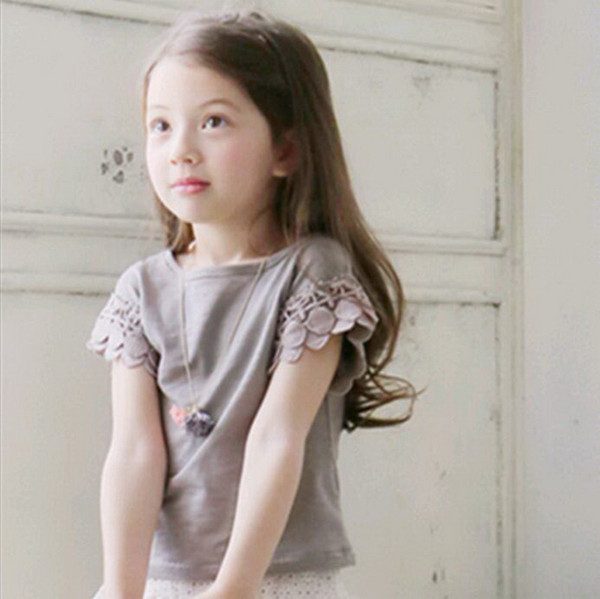 Wholesale Summer Cotton Girl T-shirts Top Solid Short Sleeve Sweet Undershirts Baby Girl Clothes 2-6Y E808