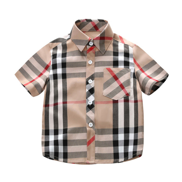 Summer Plaid Shirts Child Kid Boys Girls short Sleeve Buttons Pocket Tops Shirt Turn Down Collar Blouse Casual children shirts