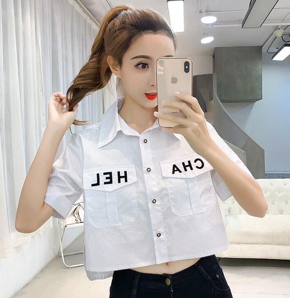 Hot new female temptation uniform letter creative gift umbilical irregular cotton fine canvas short white shirt