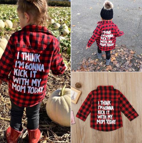 Kids Little Boys Girls Baby Long Sleeve Letters Print Button Down Red Plaid Flannel Shirt