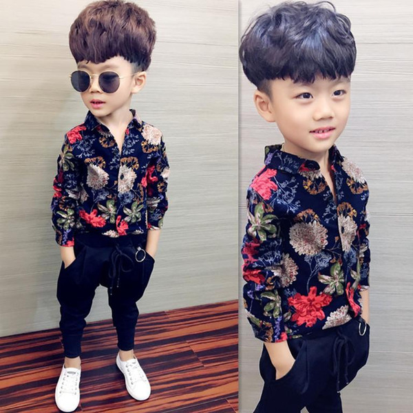 Boys shirt children's clothing new spring and autumn long-sleeved shirt cotton lattice sanded shirt printed baby clothes