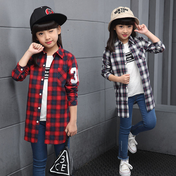 New Girls Plaid Blouse 2018 Spring Big Girls Shirts Fashion Children Number 36 Print Long Section Blouses Teenage Clothing