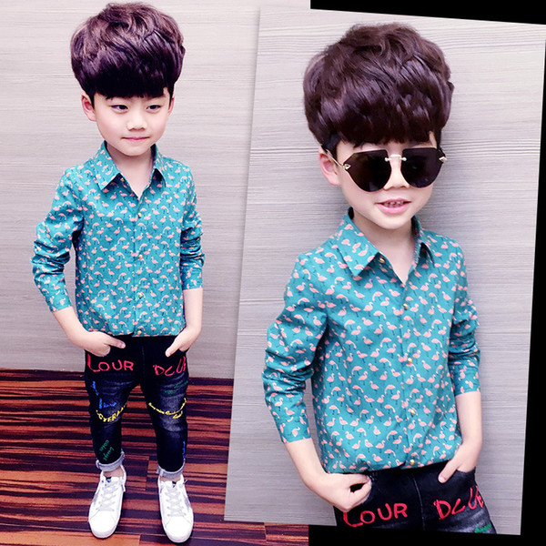 2019 Children's blue shirts pink flamingo autumn gentleman fashion kids cotton sanding shirt boys spring long sleeve thin shirt