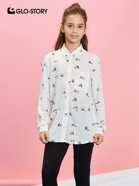 GLO-STORY Children Girls Cute Animal Print Long Sleeve Shirt Blouse Kids Gilrs Casual Streetwear White Blouse Tops GCS-8029