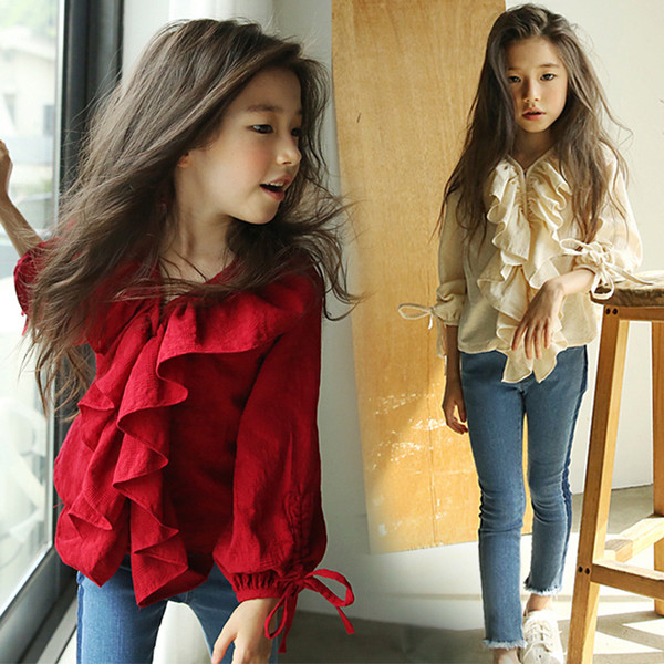 Girls Shirts Kids Winter Clothes 2019 Spring New Long-sleeved Red Blouses Cotton Shirts Girls V-neck Tees Children Clothing Tops