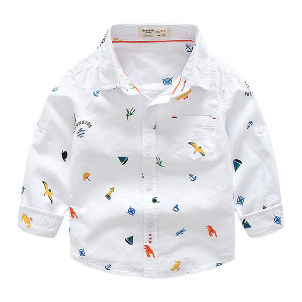 Baby Boys Shirts 100% Pure Cotton Kids Long Sleeve Cartoon Shirt Toddler Boy White Turn-down Collar Children Clothes 2-6Y Tops SH190907