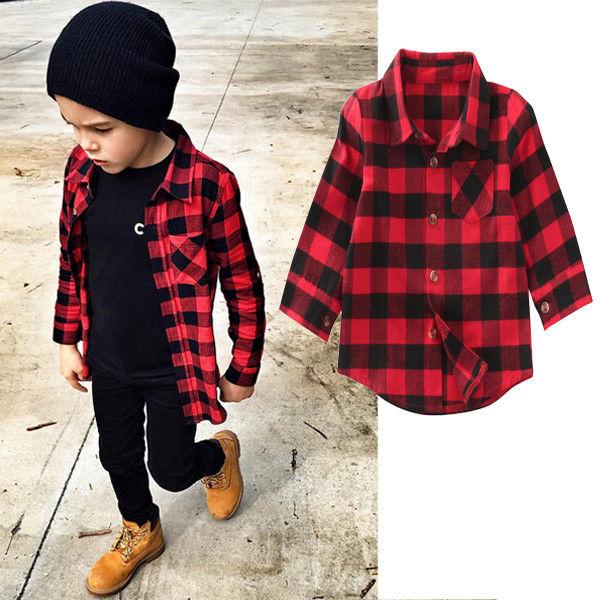 2019 Baby Kids Boys Girls Long Sleeve Shirt Plaids Red Checks Long Sleeves Tops Blouse Clothes Outfit 1-7Y SS