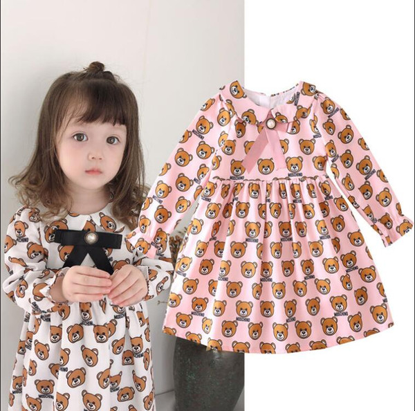 new New Brand tag Shirt Girls Long Sleeve Print Dress Child Baby Bear Lapel Doll Princess Dresses kids tops