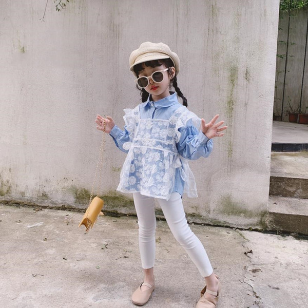 Baby girls cute white lace + blue shirts tops 2019 spring autmn new sweet style blouses for children clothes outerwear ws954