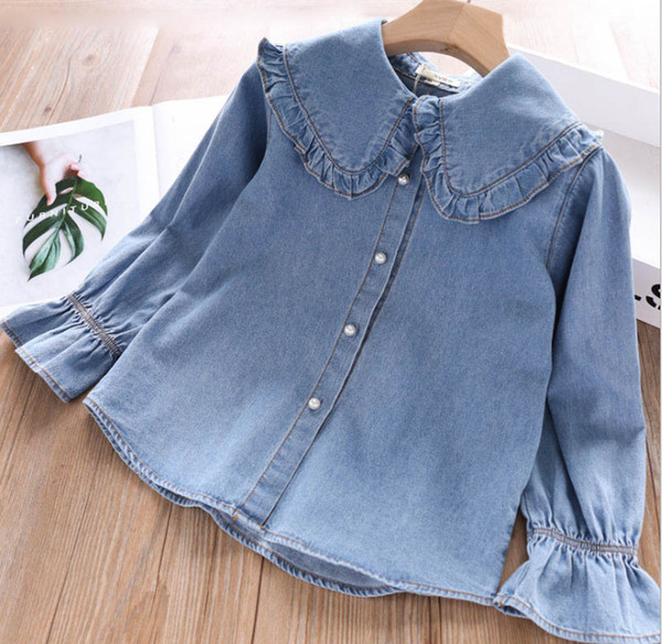 New Autumn kids denim shirt Fashion girls falbala lapel flare sleeve Casual blouse children pearls button princess tops