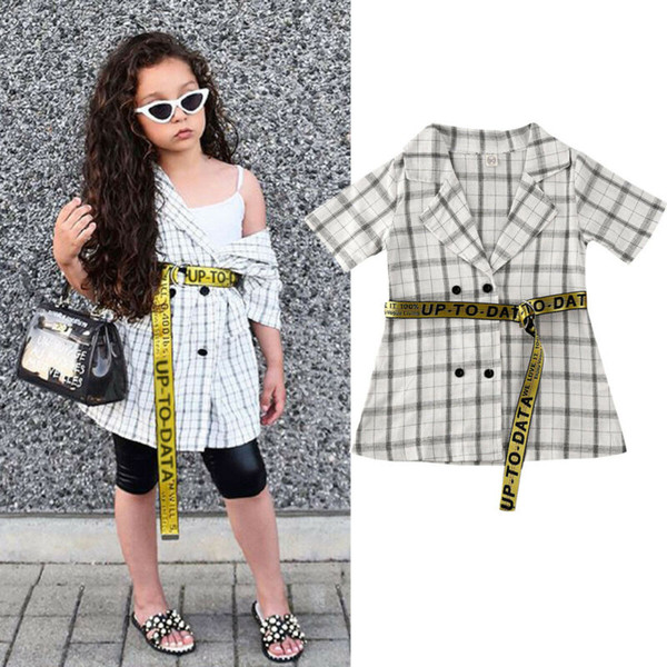 2019 NEW Fashion toddler kid girl long blouses Short sleeve plaid shirt + belt Child girl outdoor clothes top