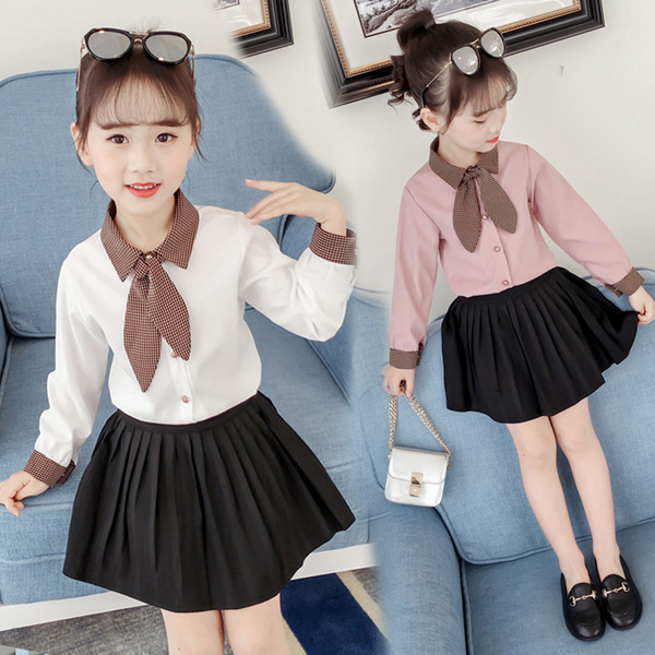 Fashion Autumn Chiffon Girl Blouses Cute Long Sleeve Cotton Solid Bow Shirts Baby Kids Clothes Toddler Girl Vestidos Child Tops