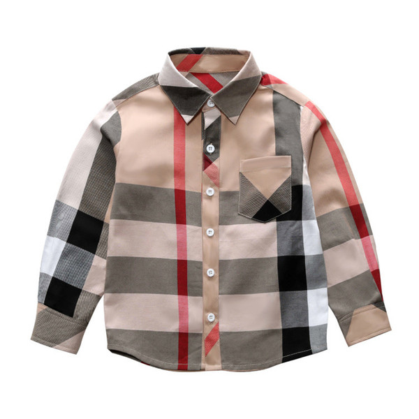 Hot sale Fashion boy kids clothes 3-8Y Spring new long sleeve big plaid t shirt brand pattern lapel boy shirt Wholesale KJY766