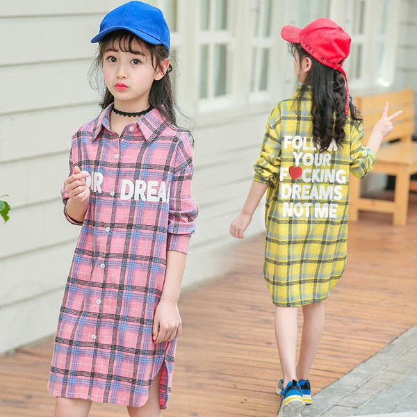 Children's clothing girls shirt spring and autumn new cotton long section peach heart plaid shirt 4-12 years baby clothes