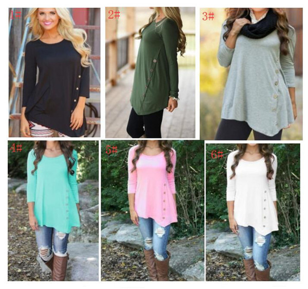 S-6XL Women Loose T-Shirt Irregular Long Sleeve Side Buttons Tee Blouse Round Neck Tops Pullover Ladies Hoodies T Shirts For Girls