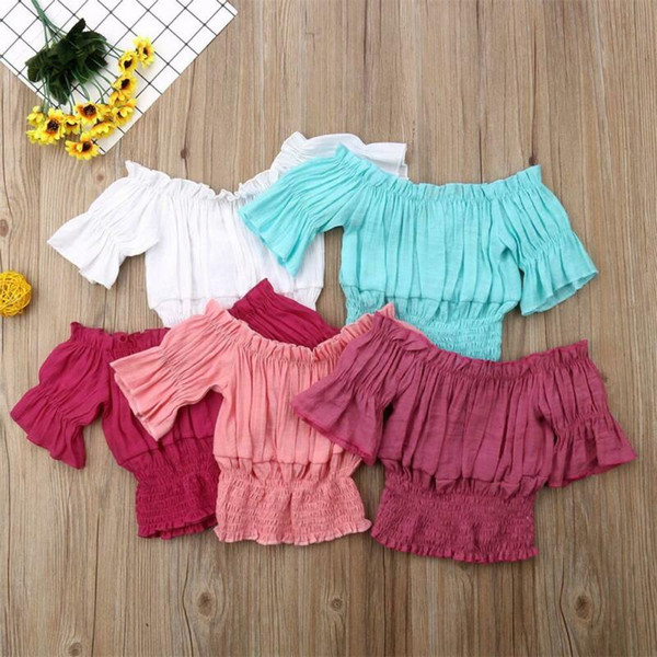 Short Sleeve Summer Girls Off Shoulder Lace Up Blouses Tops Linen Cotton Casual Baby Girls Pleated Shirts for Children Kids Tops