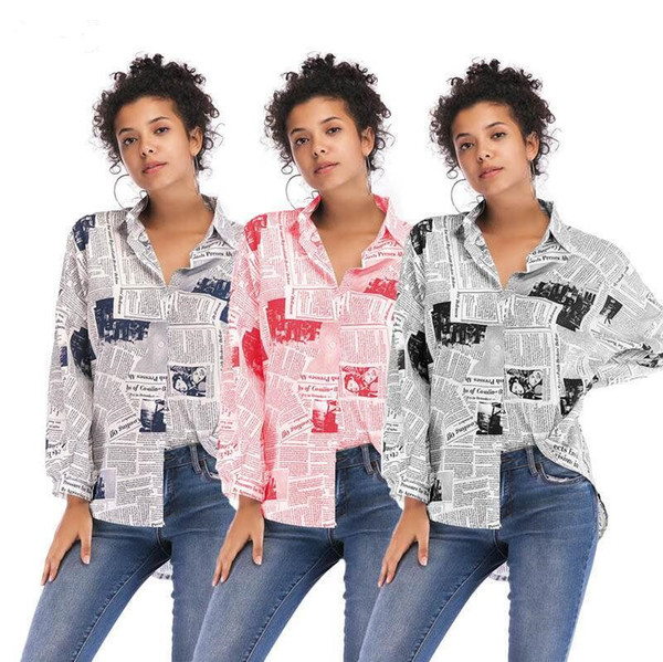 Fashion Women Letter Printed Newspaper Shirts Spring Autumn Long Sleeve Blouse Turn Down Collar Top Quality Women Streetwear Casual Tops INS